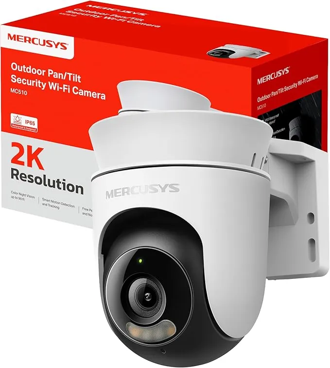 MERCUSYS MC510 - Cámara WiFi Exterior Pan/Tilt 2K QHD – visión 360 °, detección de Personas, visión Nocturna Color, Almacenamiento microSD hasta 512 GB, IP65