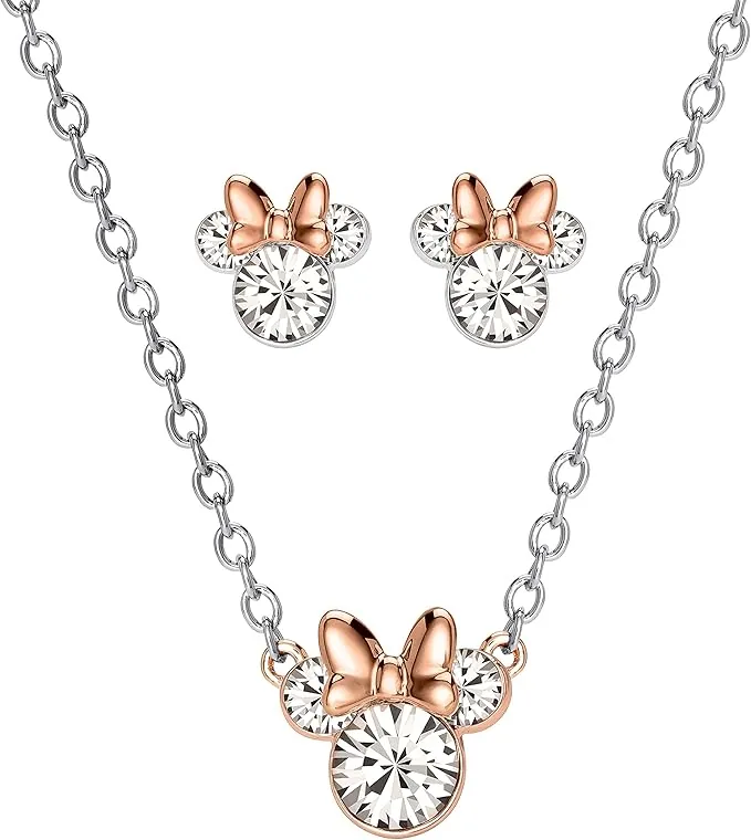 Disney Minnie Mouse Rose and Silver Plated Crystal Stud Earrings and Necklace Set
