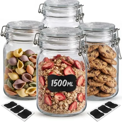 Praknu 4 Tarros de Cristal con Tapa Hermética 1,5 L – Botes con Cierre Clip