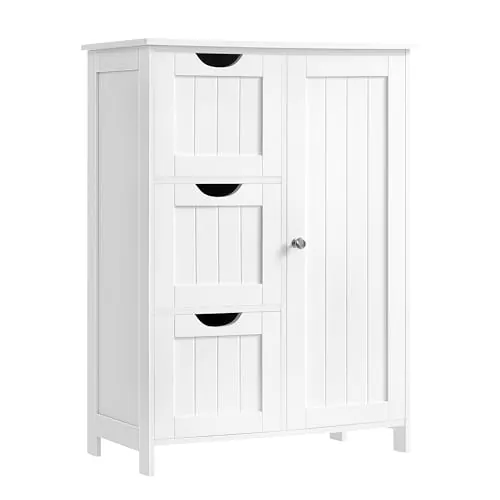 VASAGLE Armario de Baño, Cajonera con 4 Cajones, 55 x 30 x 82,2 cm | Mueble de Baño Estrecho, Cómoda de Baño, Armario con Puerta, Estante Ajustable, Blanco Nube, Colección SOFIE LHC41W