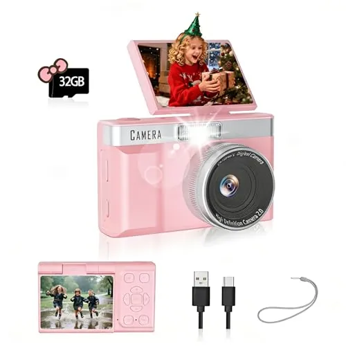 Camara Digital 180° Pantalla Giratoria, 32GB Tarjeta de Memoria,1080P HD Camara de Fotos Infantil,Juegos Educativos Integrados,Ideal Camara Fotos Infantil para Niños, Niñas(Rosa)