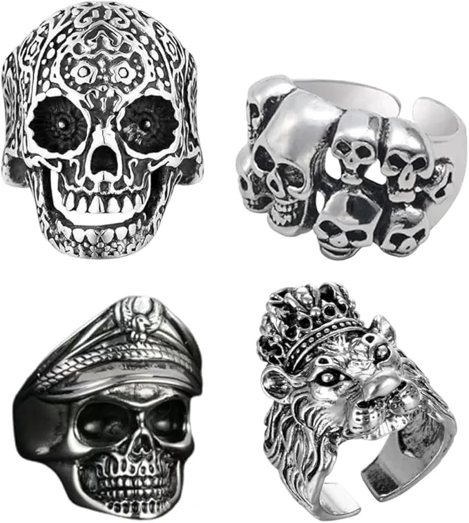 4 Piezas Anillos Hombre Anillo Calavera, Acero Inoxidable Calavera Anillo, Punk Rock Gótico Cráneo Joyería, Vintage Calavera Y Serpiente Joyería, Para Halloween Y Fiestas Temáticas (A)