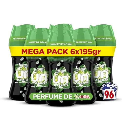LENOR UNstoppables Perlas de Perfume para la Ropa, 96 Lavados (6 x 195g), Suavizante con Fragancia Ariel, Potenciador de Frescor