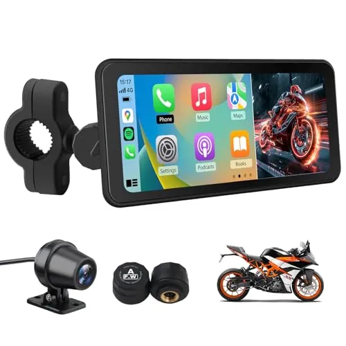 AWESAFE Pantalla para Motos con CarPlay/Android Auto Inalámbrico, Pantalla Táctil de 6.25 Pulgadas IPS Impermeable para Motocicletas con Dashcam 2K Frontal/Cámara Trasera de 1080P/TPMS/Bluetooth