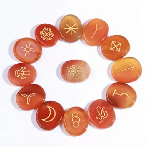 Kit de 13 Piedras de Cristal grabadas con símbolos gitanos y runas de Brujas para meditación (ágata roja)