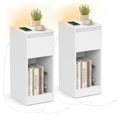 VASAGLE Mesitas de Noche Delgadas con estación de Carga y luz LED, Juego de 2 mesas Laterales estrechas, Puertos USB, cajón y Compartimento Abierto, para Dormitorio, Sala de Estar, Color Blanco Nube