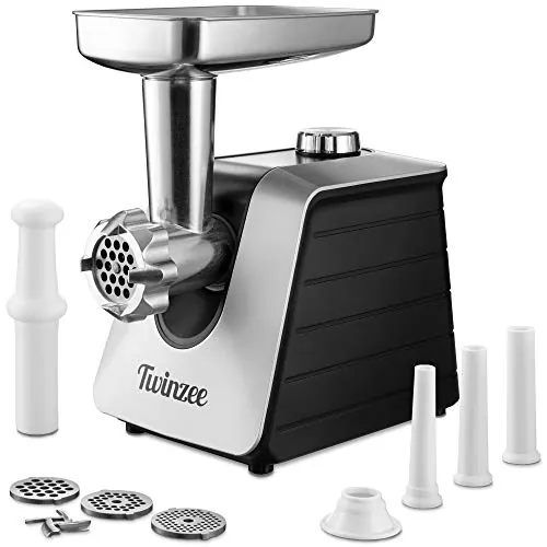 Twinzee - Picadora de Carne Eléctrica 1500W - Negra - 3 Placas y Boquillas