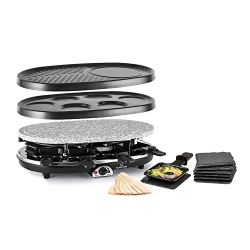 Klarstein Steaklette All-U-Can-Grill Raclette - raclette eléctrica grill de 1500 vatios, raclette y piedra para 8 personas, temperatura regulable, posavasos y espátula de madera, 4 en 1, negro
