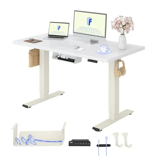 FLEXISPOT Escritorio Elevable Eléctrico con Tablero Completo y Doble Motor, 120x60 cm, Altura Regulable con Memoria, Accesorios incluidos, Sistema Anticolisión, Mousse Blanco+Blanco