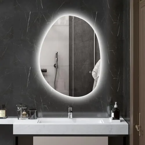 HOMCOM Espejo de Baño con Luz LED 80x60 cm Espejo de Pared sin Marco | 3 Colores de Luz, Brillo Regulable, Función Antivaho, Función de Memoria, Forma Irregular, Interruptor Táctil, IP44