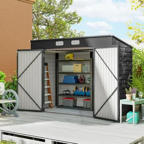 Outsunny Caseta de Jardín Exterior 2,7m² 249x121x183 cm Doble Puerta Gris