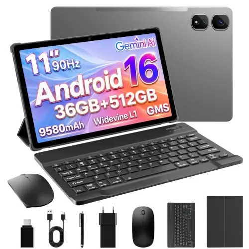 VELVDIVA Tablet 11 Pulgadas Android 16, 36GB RAM+512GB ROM (Ampliable 2TB), Octa-Core, 4G LTE + 5G WiFi, 2000 * 1200 INCELL,Widevine L1, GPS, Tableta con Teclado, Lápiz, Ratón y Funda/Gris