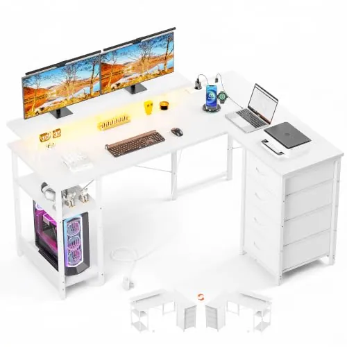 YOUDENOVA Escritorio con 4 Cajones, 142x107cm, Escritorio Esquinero Reversible con LED y Enchufe, Escritorio Gaming en L con Soporte para Monitor, Mesa Escritorio para Home Office y Gamer, Blanco