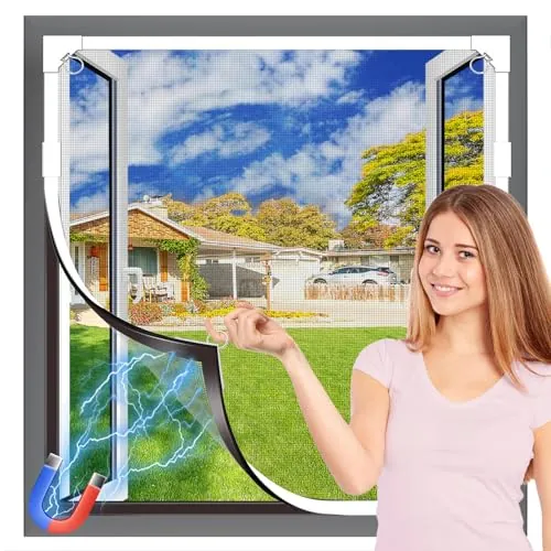 OWYR Mosquitera Magnética para Ventanas Fibra de Vidrio Duradera, Autoadhesiva, Tamaño Ajustable DIY, Instalación sin Taladrar 120×130 cm, Marco Blanco y Malla Gris