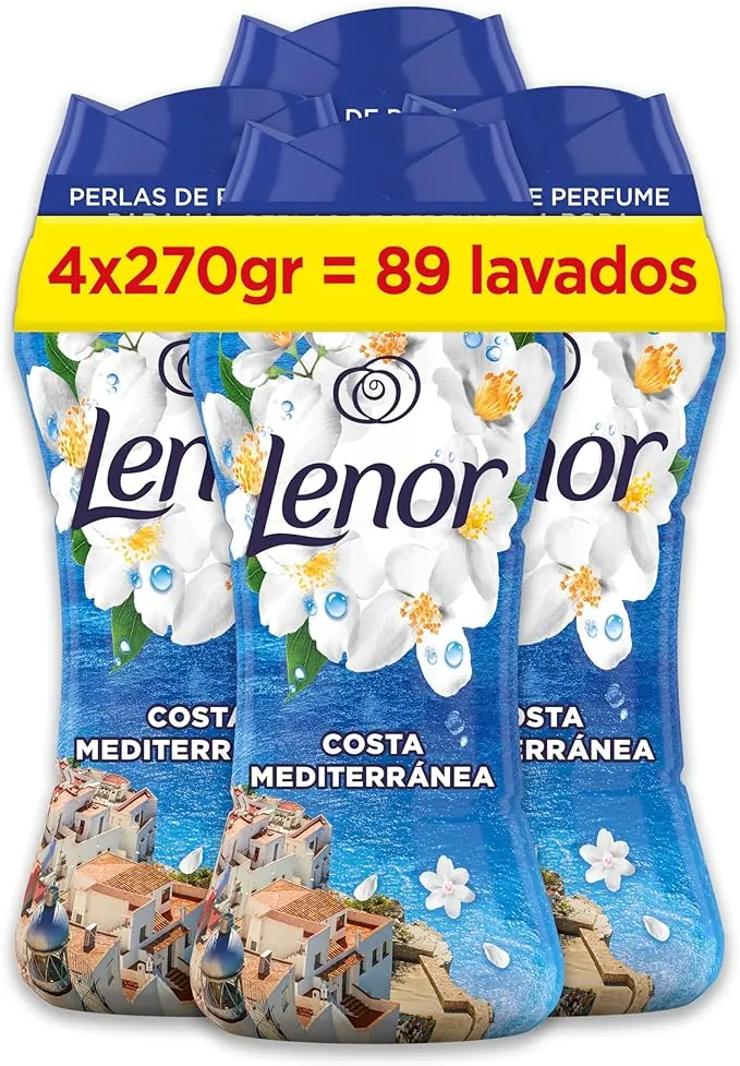 Lenor Perlas De Perfume para la Ropa, 89 Lavados (4 x 270g), Brisa Marina Y Jazmín, Edición Limitada Costa Mediterránea, Frescor Ininterrumpido Hasta 12 Semanas