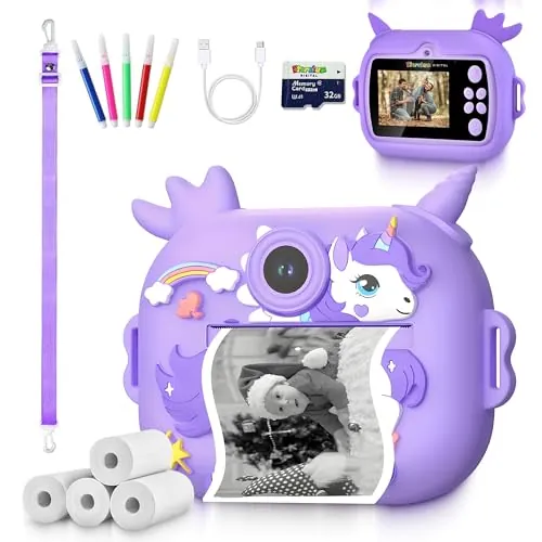 Cámara instantánea infantil, impresión instantánea, pantalla de 2,4 pulgadas, HD, 48 MP, vídeo 1080p, selfie, juegos, MP3, tarjeta de 32 GB, regalo de juguete creativo para niñas y niños de 3 a 14
