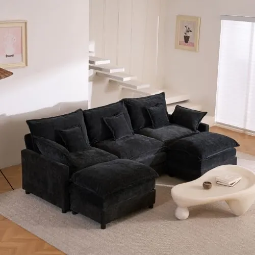 274 cm Sofá 3 Plazas Modular en Forma de U con Pufs Móviles, Negro | Tela de Chenilla, Montaje Requerido, Asiento Profundo, Cojines de Respaldo, Para Salón