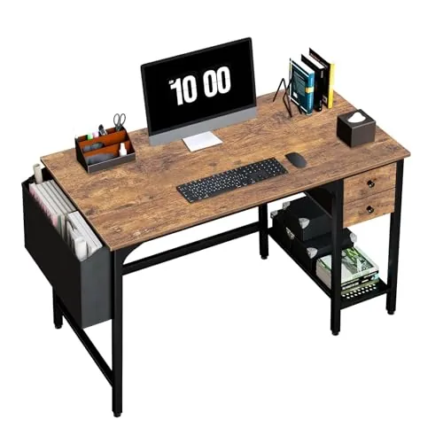 Lufeiya Escritorio pequeño con 2 cajones, mesa de ordenador de oficina con estante y espacio de almacenamiento, escritorio pequeño para oficina, despacho, vintage marrón
