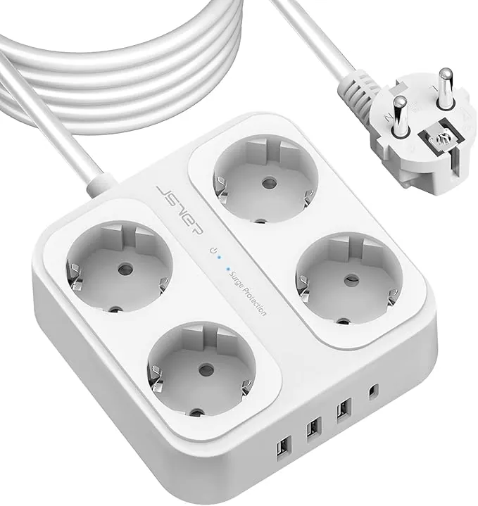 JSVER Regleta Enchufe 5M con 4 Tomas con 3USB A y 1 USB C (5 V/3,4 A),Protección contra Sobretensiones para el hogar, la Oficina y los Viajes Cable 5m-Blanco