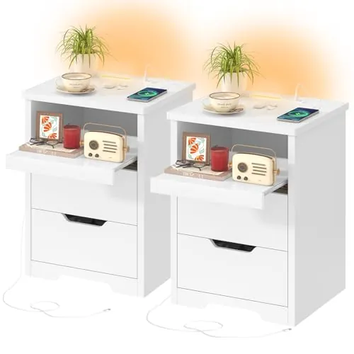 TEENFON Set de 2 Mesitas de Noche con Luces LED 3 Colores y Carga Rápida USB/Type-C – Mesilla de Noche Moderna con Bandeja Deslizante y 2 Cajones, Ideal para Dormitorio y Salón, Blanco