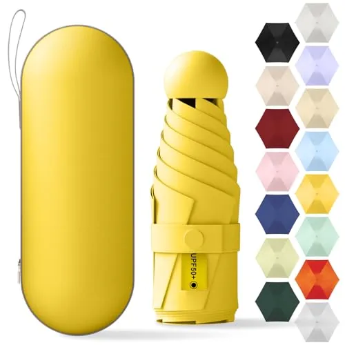 Yanrunce Mini Paraguas Plegable, paraguas de bolsillo, Mini Paraguas de Viaje, Paraguas para, Protección UV, Protección Solar, paraguas plegable antiviento de 6 Costillas con organizador (Amarillo)