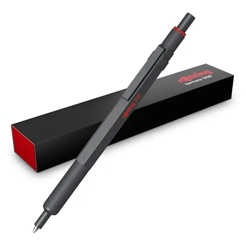 rOtring 600 Bolígrafo | Punta media | Tinta negra | Cuerpo metalizado completo | Piedra oscura | Agarre estriado antideslizante y cuerpo hexagonal | Recargable