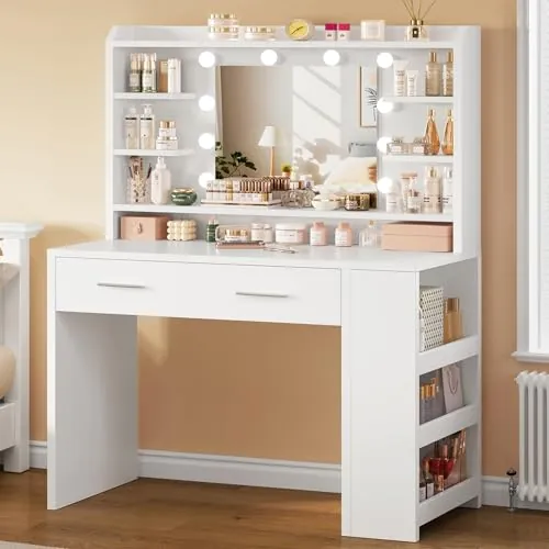 TEENFON Tocadorde Maquillaje, Mesa de Maquillaje con Luces y Espejo, Mesa de Maquillaje con 4 Estantes Abiertos, Blanco, Tocador con 2 Cajones+Estante Lateral