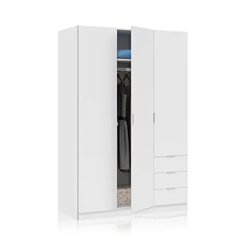 duehome | Armario de 3 Puertas y 3 Cajones, Armario para Dormitorio, Modelo Hexa, Acabado en Blanco Soft, Medidas: 121 cm (Largo) x 180 cm (Alto) x 52 cm (Fondo)