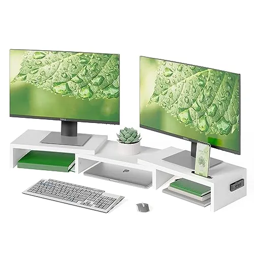 BONTEC Elevador Monitor Escritorio de Madera para Doble Monitors, Longitud y ángulo Ajustables, Soporte Pantalla Ordenador con Soporte para Smartphone, para Ordenador Portátil,Impresora y Monitor