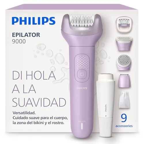 Philips Depiladora Serie 9000 – eléctrica inalámbrica para uso en seco y mojado, para cara, cuerpo y zona del bikini; con ProGuide, 9 accesorios, 60 min de autonomía, modelo BRE729/00
