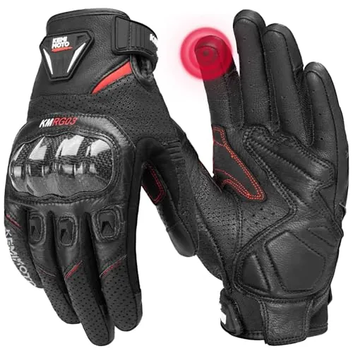 KEMIMOTO Guantes de Moto para Hombre, Piel de Cabra con Dedos completos con Almohadillas Antideslizantes, Guantes de protección para Pantalla táctil, Guantes de protección para Motocross, Scooter
