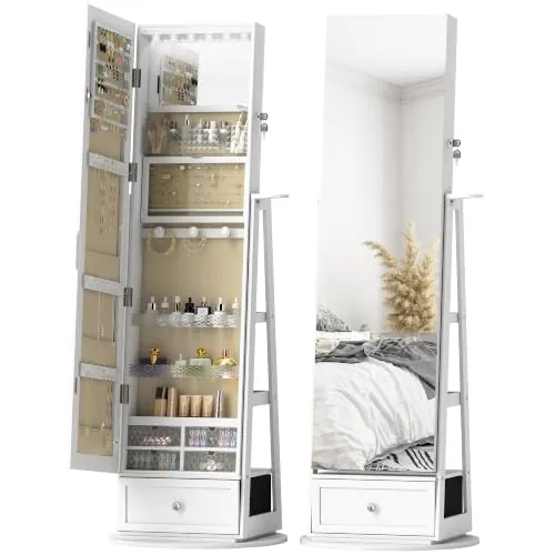 HOMCOM Espejo Joyero con Luces LED Giratorio de 360° Blanco y Beige