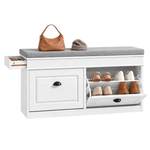 SoBuy Banco zapatero blanco con 2 puertas abatibles, 24 cm y cojín gris | Guarda 8 pares por niveles y objetos en el cajón sin estorbar el paso, ideal para recibidor y dormitorio, FSR64-WG