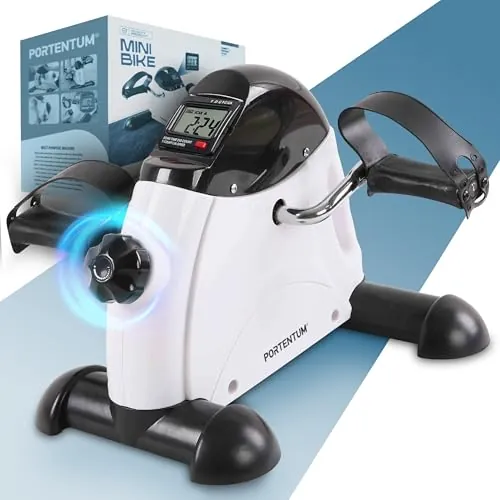 PORTENTUM Pedales estaticos Personas Mayores Pantalla LCD 6 Funciones – Pedaleador Brazos y piernas Compacto con Resistencia Ajustable y asa de Transporte – Diseño portátil para Ejercicio en casa