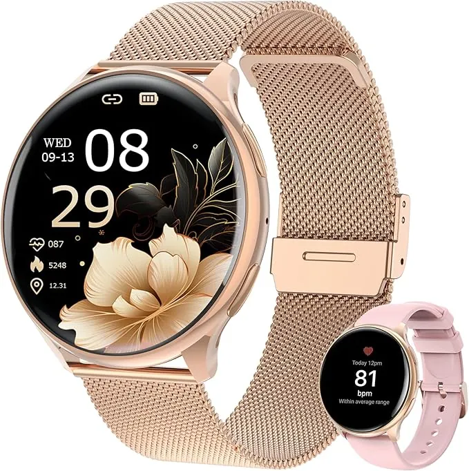 SLOKSFil Reloj Inteligente Mujer, 1,39" SmartWatch Mujer Redondo SpO2, 24H Pulsometro, Presión Arterial, Monitor sueño, Monitor de sueño 120 Deportes para iOS Android (Oro Rosa)