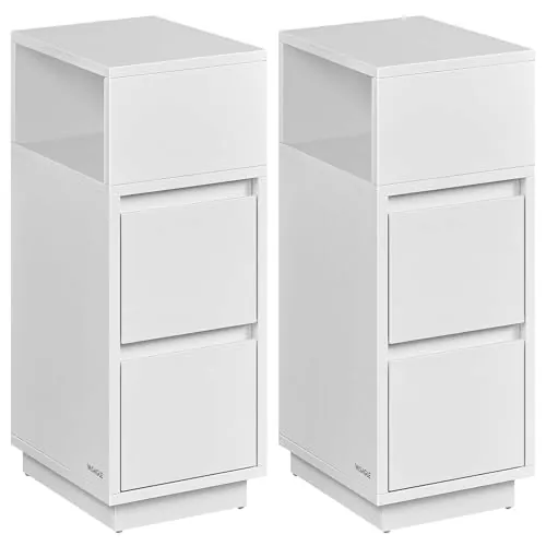 VASAGLE KAILYN Colección - Mesita de Noche Estrecha, Juego de 2, Mesa Auxiliar con 2 Cajones y Compartimento Abierto, a la Izquierda o a la Derecha, Blanco Nube LET856W01