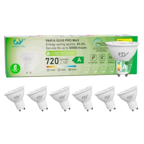 GY Bombilla Led GU10 4W(Equivalente a 60W), Luz Blanca Fría 6500K, 720 Lúmenes, Ángulo de haz de 110°, No Regulable, Bombilla Bajo Consumo Clase A, Pack de 6