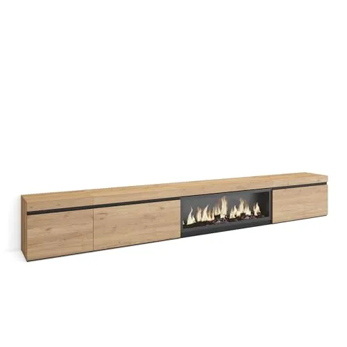 Skraut Home | Mueble TV | Televisión | Muebles de salón, almacenaje | 317x45x35 cm | Chimenea eléctrica XXL | Estilo Moderno | Roble