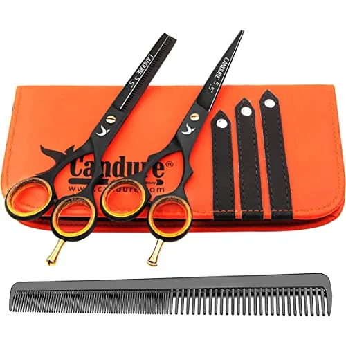 Candure Tijeras de peluquería profesionales (5,5") - Tijeras de peluquería con fijación de tornillo, juego de tijeras de entresacar para barbería y salón con peine (Negro Set)