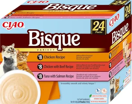 INABA Ciao Bisque, Multipack Pollo, Ternera, Atún y Salmón, 960g (24 x 40g)