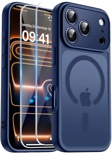 FLLAO Funda para iPhone 17 Pro MAX, Compatible MagSafe, con 2 Piezas Protector de Pantalla Cristal Templado, [Protección de Cámara] Magnética Translúcida Mate Carcasa, Azul Navy