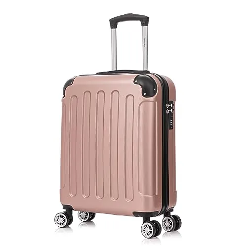RAYKONG Maleta Cabina ABS 55x40x20cm 44L - Maxima aprovechamiento de Capacidad - 4 Ruedas Giratorias Dobles con 360ª - Candado Incrustado - RosaDorada
