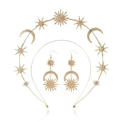 Moguri® Halo Corona, Diosa de Cristal de Estrellas Diadema con Pendientes Metal Halo Headpiece Coronas Tiaras para Mujeres Novia Boda Disfraz Cosplay Fiesta Diosa Accesorios