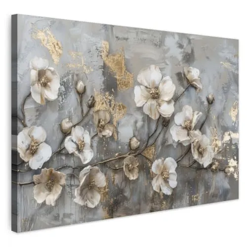 MuchoWow© Cuadros Decoracion Salon Modernos para Dormitorios Cuadro | 120x80 cm - Decorativos de Lienzos Decorativo Pared Dormitorio Matrimonio Flores - Blanco - Gris - Oro