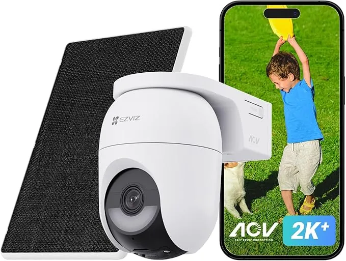 EZVIZ Cámara Vigilancia Exterior WiFi 4MP, AOV 360° con Batería 5200mAh, Detección de Forma Humana/Vehicular, Visión Nocturna Color, Defensa Activa, CB8 Lite + Panel Solar 5W, NO SD Tarjeta
