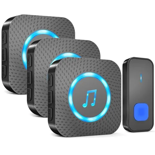 AIMAX Timbre inalámbrico con 1 transmisor y 3 receptores, Gran alcance de 400 m, IP55 impermeable, 55 tonos de llamada, 5 niveles de volumen con flash LED, Instalación inalámbrica, Negro