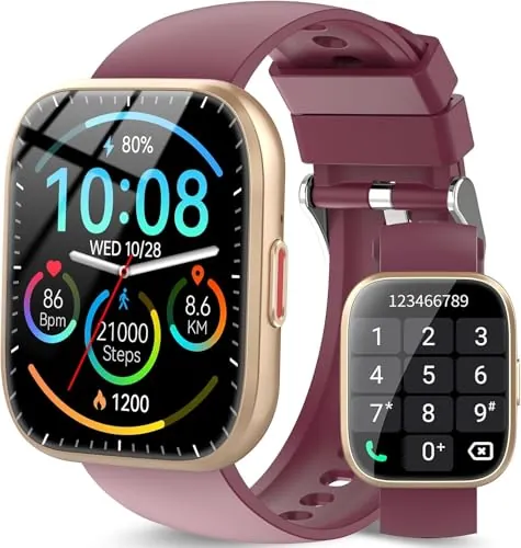 Reloj Inteligente Hombre Mujer, 1.85" Smartwatch con Llamadas, Burdeos