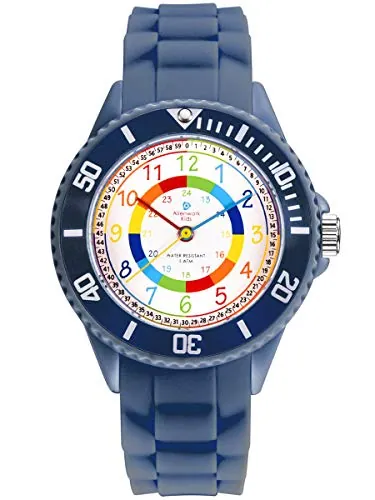 Alienwork Kids Reloj de Aprendizaje Infantil Niño Niña Azul Marino Pulsera de Silicona Abigarrado niños Impermeable 5 ATM Tiempo de Aprender