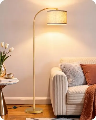 EDISHINE Lámpara de Pie Salón, Pantalla Lino, Dorado, LED Incluida, 161 cm | Lámpara de Pie Arco Moderna con Pantalla de Lino Ajustable & Interruptor de Pie, E27, para Habitación Infantil, Dormitorio