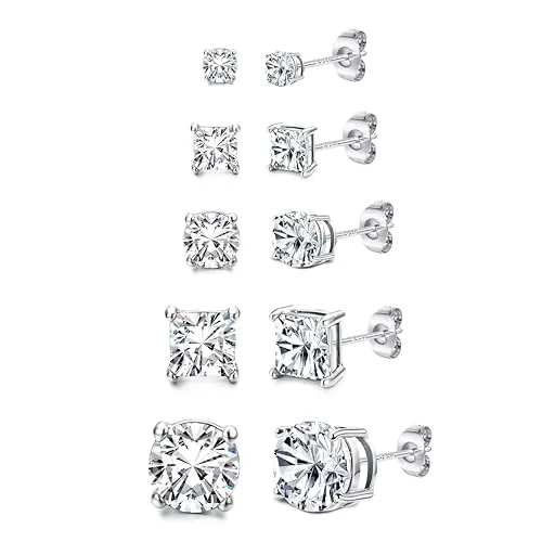 Pendientes de plata de ley 925 para hombre 5 pares de pendientes chapados en oro de 14k para las mujeres redondas y cuadradas de zirconia cúbica hipoalergénica arete de talla 3/5/8 mm, plata